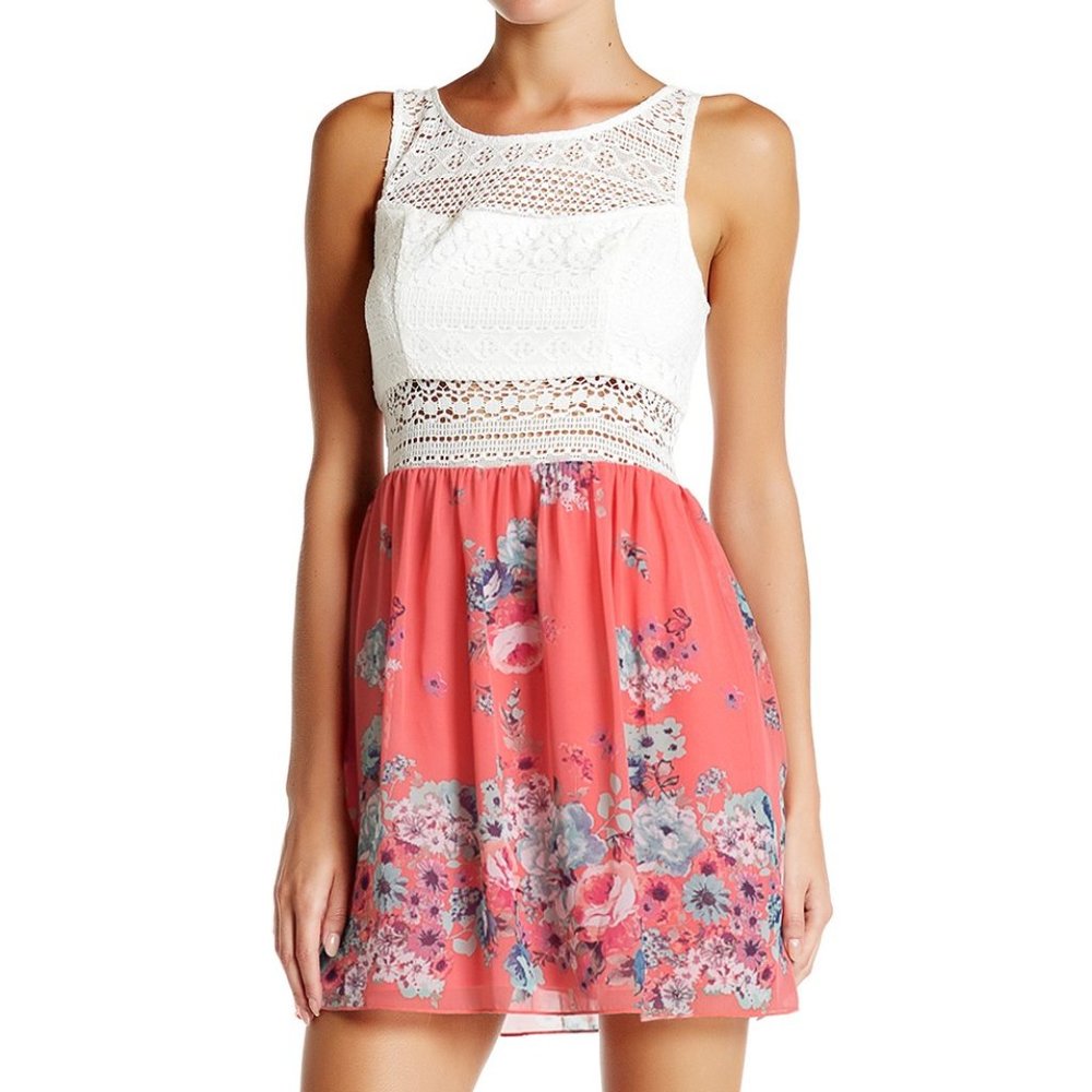 Trixxi Sleeveless Dress with Crochet Top - Pink Floral Pattern Skirt